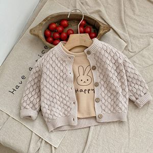 Automne hiver nouveau garçon fille bébé Cardigan tricot pull creux enfants solide manches longues Tops nouveau-né coton manteaux - Product Image 6
