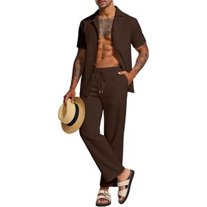 FOXA <b>Mens</b> 2 Piece Cotton <b>Shirt</b> Set Summer <b>Beach</b> Casual Outfit Breathable Long Pants Short Sleeve Button Down Top - Product Image 1