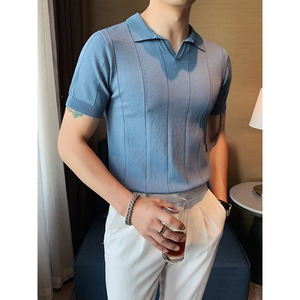Maglietta estiva da uomo a maniche corte lavorata a maglia Casual Business <span class=keywords><strong>Polo</strong></span> con scollo a V Slim - Product Image 3
