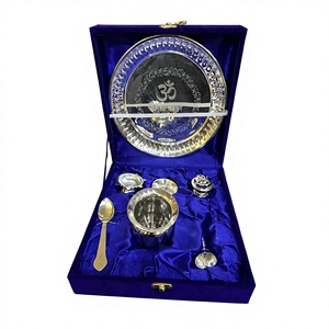 Ensemble de thali pour Pooja plaqué argent, 8 pièces, kit de plateau de prière avec boîte en velours pour la décoration du mandir à domicile - Product Image 4