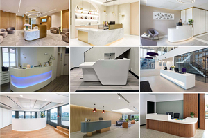 Mostrador de Recepción Blanco Wave, Diseño Moderno, Superficie Sólida, Mostrador de Recepción con Pared Trasera <span class=keywords><strong>para</strong></span> Clínica - Product Image 5