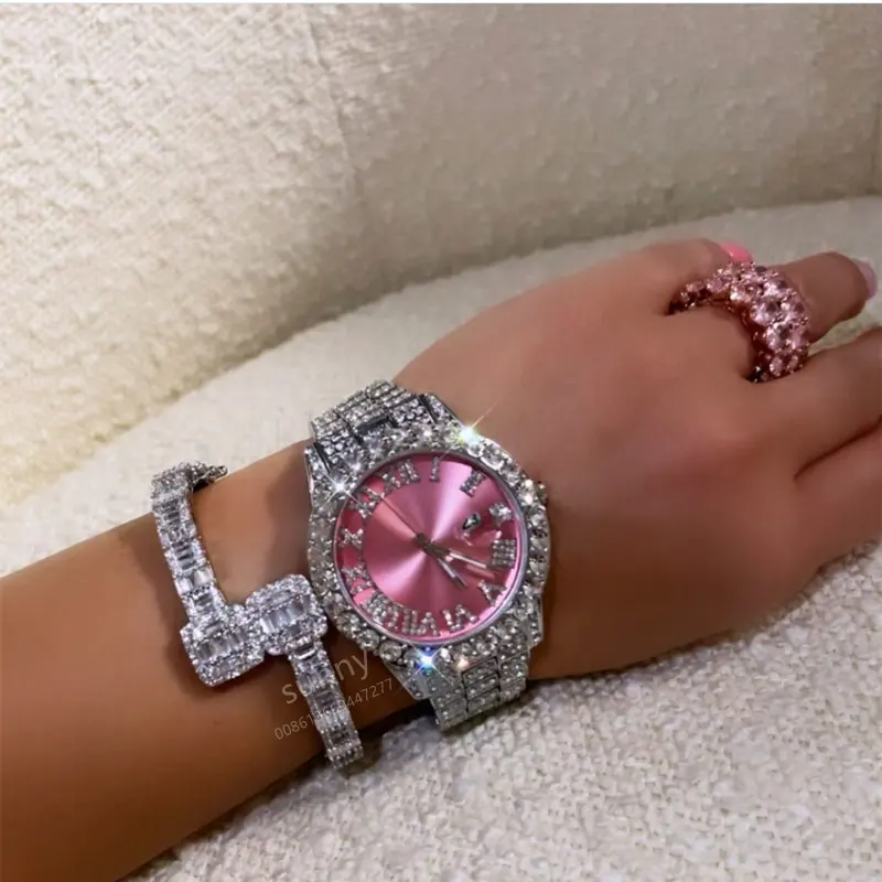 custom Hip Hop Women Bling Luxury Wrist Watch Full Iced Out Quartz Female Watch Size Bling Watches bangle set