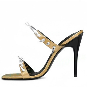 Big Size 46 Summer Dress <b>Mules</b> Sexy Outdoor <b>Slippers</b> Women's Double Straps Stiletto Sandals Long Rivets Thin Heels Shoes - Product Image 5