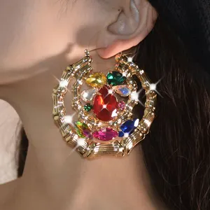 Full diamond gold-plated large gold hold earrings with gold circular hollow female internet celebrity style earrings