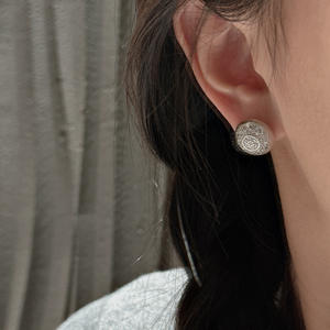S925 Pure <b>Silver</b> Brushed Round <b>Stud</b> Earrings Simple Fashionable Antique Vintage Style with Zircon Niche Design Ear Accessories - Product Image 3