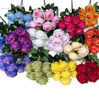 Bouquet de roses artificielles avec feuilles vertes, bouquet de roses en soie à 7 têtes