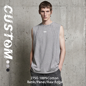 Débardeur Homme 275G en Coton Lourd 100% Style Urbain Rétro Teint à la Cire avec Bords Bruts et Épissures, T-shirt Sans Manches Sport Décontracté - Product Image 1
