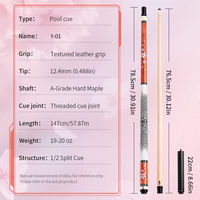 Vente en gros de queues de billard en bois d'érable en deux parties, avec joint central en acier inoxydable, KYES Y-01 19oz 147cm pour club de billard