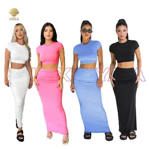 Luluxixiyaya Autumn Long Half Skirt Bodycon High Stretch Easy Walk Dress Mix Crop Top 2 Piece Women Workout Sets