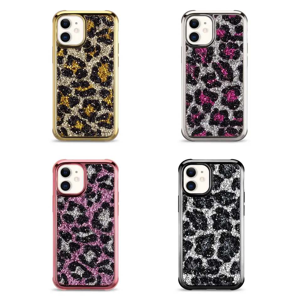 women luxury leopard print diamond glitter phone case for iphone 12 13 pro max mobile case tpu pc electroplated phone cases