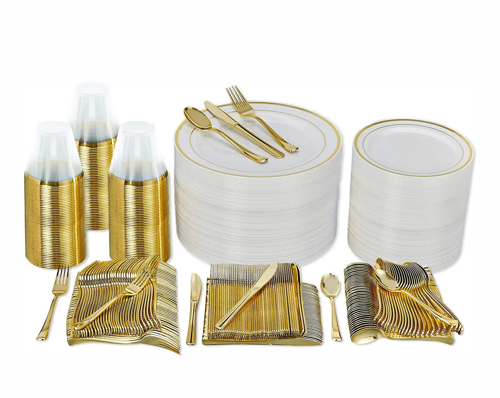 600 Piece Gold Dinnerware Party Set 100 Guest Dinner Plastic Plates Salad Gold Plates Gold Plastic Silverware Set cups