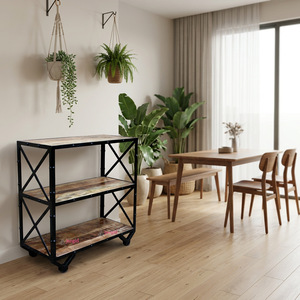 Industrial Wooden 3-Tier Display <b>Shelf</b> Rack with Metal Frame Rack and Wheels for Living Room Farmhouse Furniture - Product Image 3