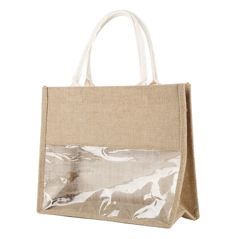 Doğal çuval bezi eklem PVC şarap bakkal ambalaj taşıyıcı jüt alışveriş çantası