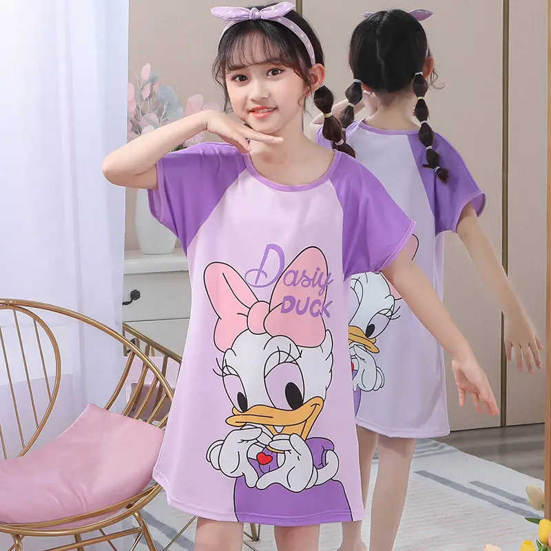 Cô Gái nightdress Mùa Hè Ngắn Tay Đồ Ngủ Dễ Thương công chúa áo thun váy mỏng sữa lụa trẻ em hoạt hình nightdress