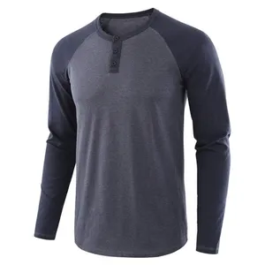 Casual Men Pullover Cotton T Shirts Autumn O Neck Long Sleeve Color Block Buttons T-Shirts Tops Men's Clothing