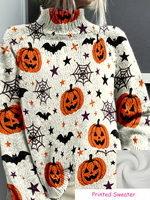 Suéter de cuello alto para mujer con diseño de calabaza y murciélago de Halloween, tejido por computadora, con transferencia térmica, personalizado para uso diario informal o festivo
