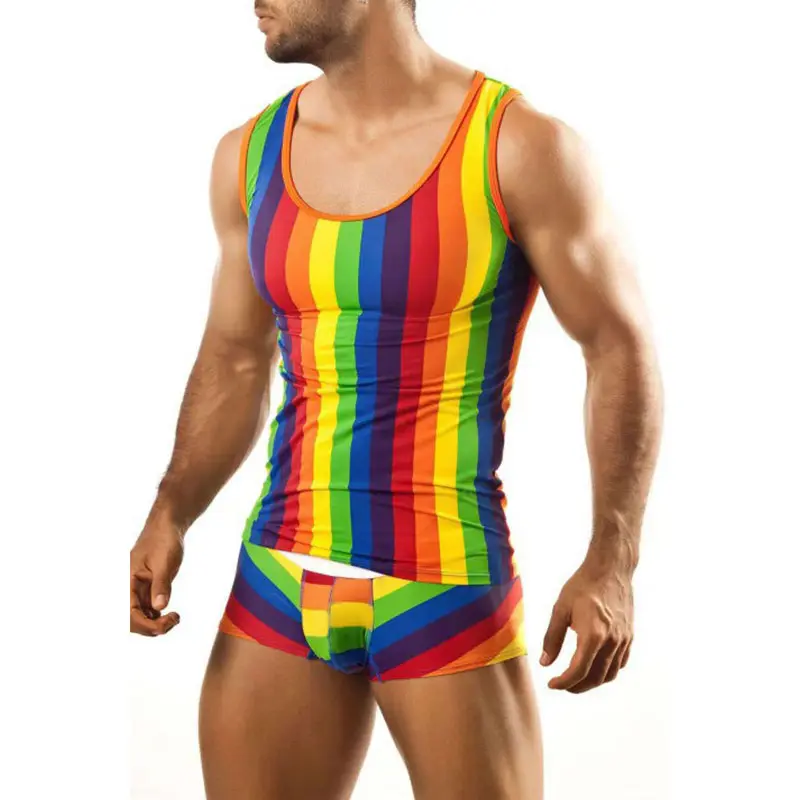 LGBT-Pride Regenbogenstreifen bedruckt ärmellos Herren Tankhemd eng sexy Herren Shorts Herren Pyjama-Set