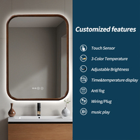Antique Home Bathroom LED Automatic Fog Removal Mirror Rectangular Wooden Frame Illuminated Smart Mirror