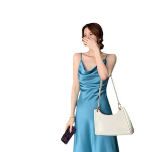 Satin Halter Neck Slip Dress For Women Summer Elegant Long Dress Slim Fit Waist Cinching Solid Color Gold Pink Black Blue - Product Image 5