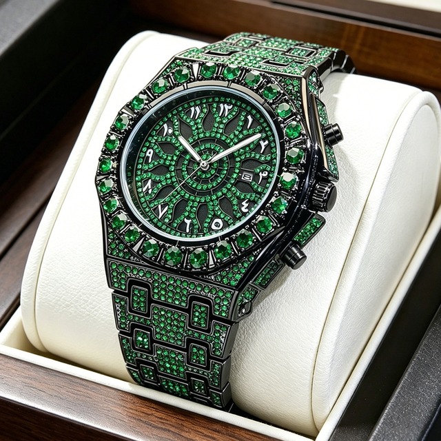 Full Iced Out Men's Quartz Watch CZ Diamond Bezel Arabic Dial Luminous Date Water Resistant Watch