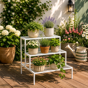 Support à fleurs en métal minimaliste moderne à 3 niveaux, étagère à plantes blanche avec revêtement en poudre pour la décoration intérieure - Product Image 1