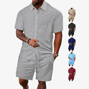 Conjunto de camisa de manga corta con botones y pantalones cortos casuales de verano para hombre, transpirable, de color sólido, tela jacquard, ropa informal. - Product Image 4
