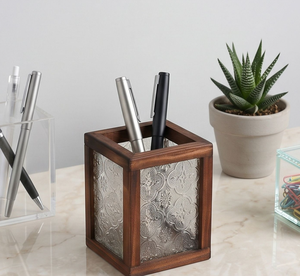 Organizador de Escritorio Multifuncional de Madera Maciza con Vidrio Grabado con Diseño de <span class=keywords><strong>Begonia</strong></span>, Caja de Almacenamiento para Brochas de Maquillaje, Estilo Retro - Product Image 4