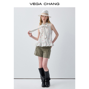 Chemisier sans manches à carreaux brodés en forme de cœur VEGA CHANG pour femme avec nœud papillon et ourlet à volants – Haut décontracté en gros - Product Image 3