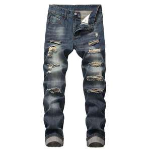 Jean en denim bleu taille haute pour homme, coupe skinny, style motard, boyfriend, déchiré, délavé et vieilli, grandes tailles - Product Image 4