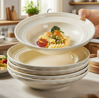 Ensemble d'assiettes à petit-déjeuner en céramique couleur crème, vaisselle sous glaçure, bols et assiettes extra épais et résistants à la chaleur.