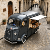 Remolque de Comida Eléctrico Retro Personalizado Citroën con Horno Eléctrico Comercial para Hornear Baguettes, Ideal para Calles Históricas