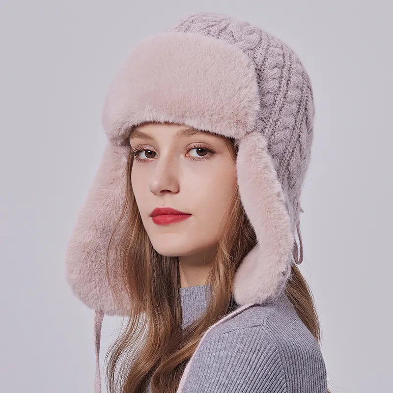 Topi Trapper penutup Earflap rajut musim dingin untuk wanita topi anak perempuan dengan tali penahan angin kustom lapisan bulu domba topi bulu palsu