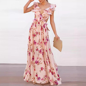 Robe longue à imprimé floral, épaules dénudées, taille empire, dos nu, robe de soirée d'été respirante, impression numérique - Product Image 2