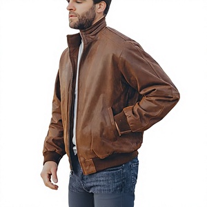 Blouson aviateur en cuir véritable marron pour homme, col montant, fermeture éclair, style décontracté, coupe classique, couleur unie, idéal pour l'automne - Product Image 1