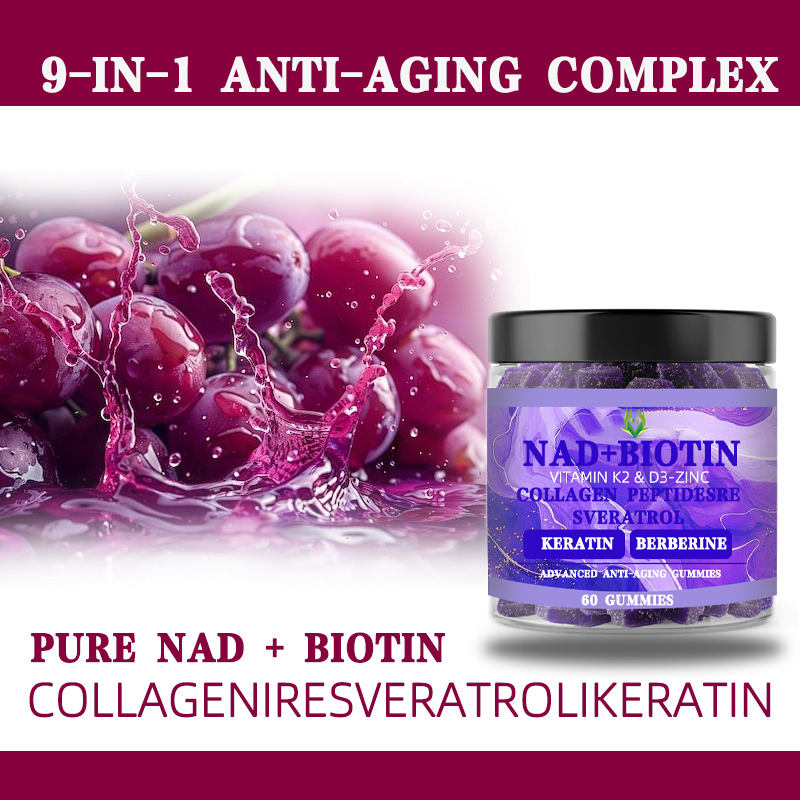 NAD+ Biotin Gummies with Vitamin K2 D3 Zinc Collagen Peptides Resveratrol Enhance Hair Skin Nails Cellular Vitality