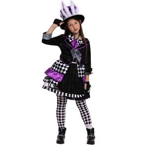 Ensemble de déguisements de <span class=keywords><strong>chapelier</strong></span> <span class=keywords><strong>fou</strong></span> noir et violet pour Halloween robe fantaisie pour filles avec chapeau à oreilles de lapin chaussettes à carreaux robe de bal de fête d'Halloween - Product Image 5