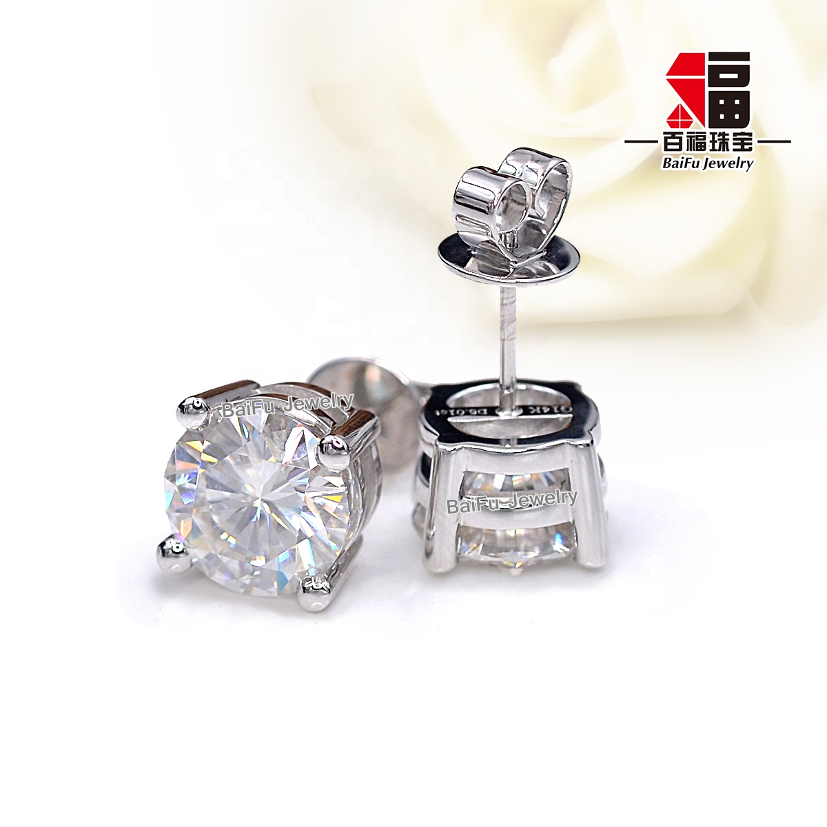 Fashion 18K white clear round 1ct 2ct D gold moissanite wedding earrings