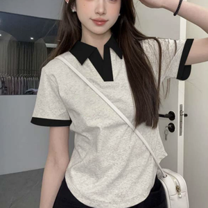 <b>Women's</b> Gray Knitted Breathable Cotton/Bamboo Fiber Short Sleeve for Shirt Casual Solid Color Regular Length V-<b>Neck</b> Design - Product Image 1