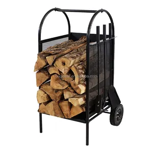 Fireplace Log Holder Brackets Indoor Firewood Rack Cart with Wheels and Tool Sets