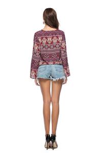 Ethnic Women Front Cross Vintage Floral Print Long Sleeves Casual Loose <strong>Boho</strong> Bohemian Cotton and Linen <strong>Shirt</strong> - Product Image 3