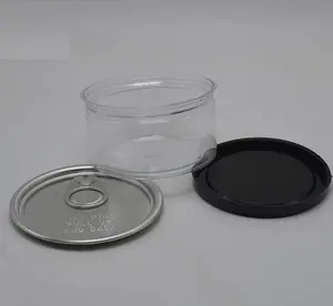 Machine sealer to close easy handle clear plastic can with metal lid and rubber cover 100ml dry herb flower jar with label
