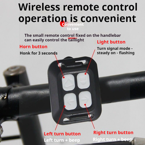 Feu arrière de <span class=keywords><strong>vélo</strong></span> LED sans fil rechargeable par USB avec clignotants, étanche IPX5, alarme sonore pour VTT et cyclisme nocturne - Product Image 4