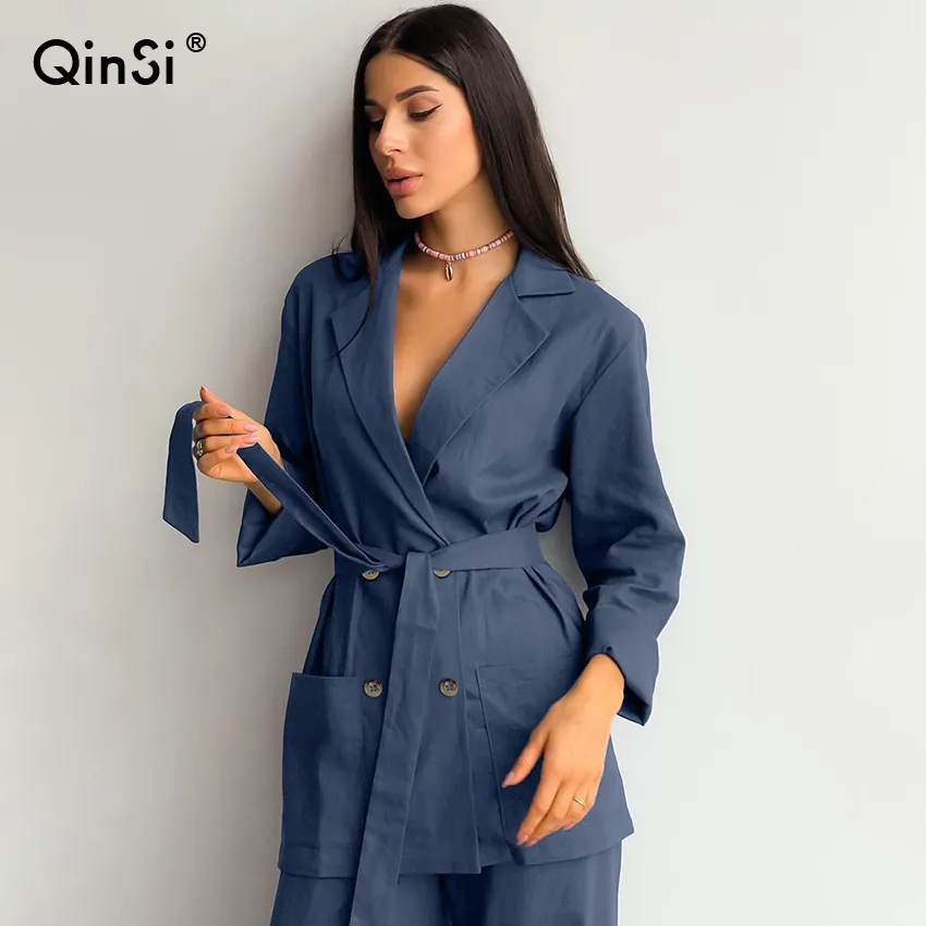 QINSI Khaki doppie tasche abbigliamento per la casa delle donne 2023 nuovo pigiama a maniche lunghe Set pigiama da donna blu doppio petto Sleepwear