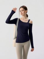 Servicio de Diseño de Alta Calidad, Ropa de Yoga para Mujer, Cuello Redondo con Manga Larga, Transpirable, Top Deportivo Sólido para Yoga