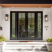 Porte d'entrée double française sur mesure en fer forgé avec vitrage à grille divisée et deux panneaux latéraux pour l'extérieur de la maison