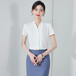 V-neck Shirt Women Solid Color Polyester Satin Anti-Wrinkle Office Wear - Product Image 2