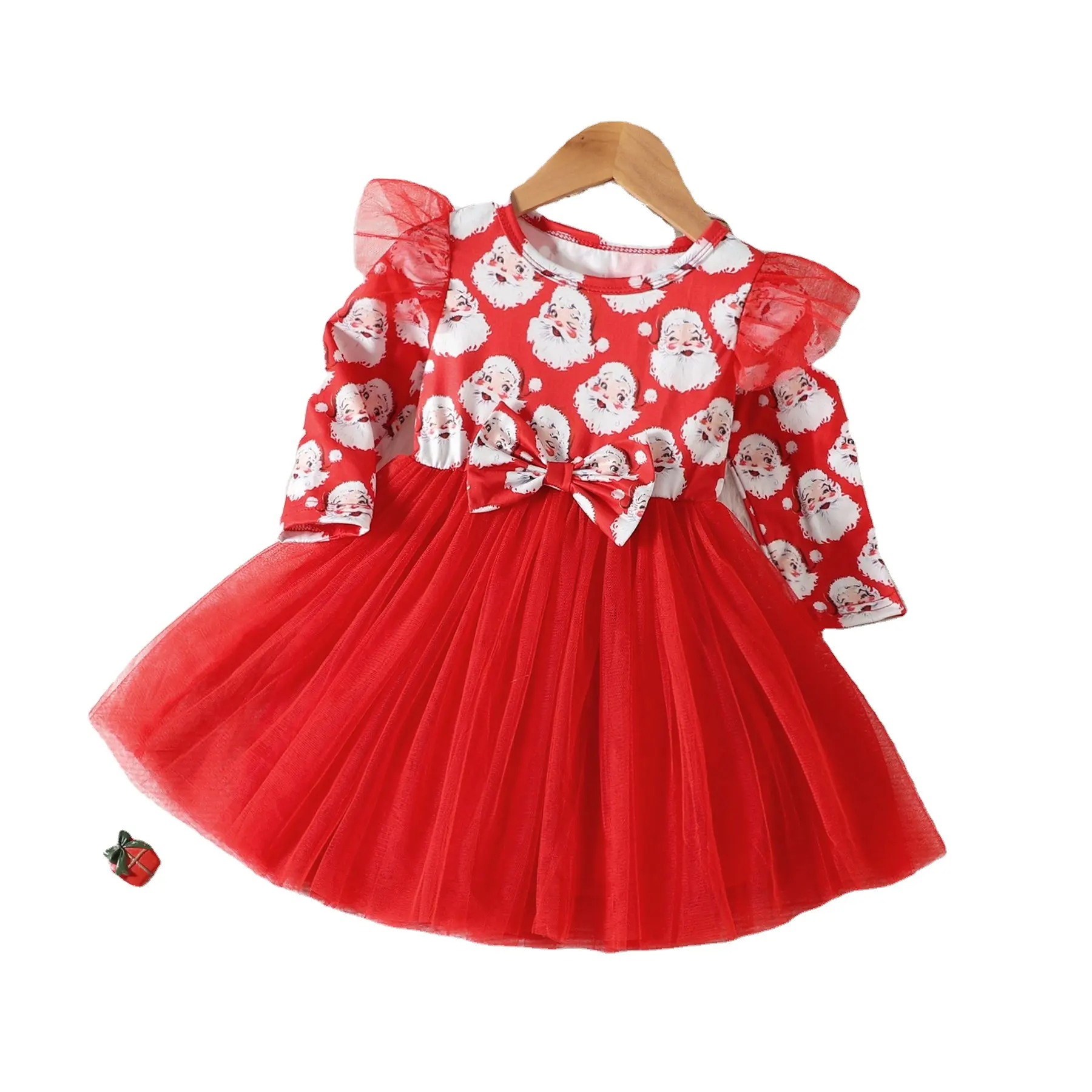 High quality cotton low price Santa Claus printed pattern dress baby girls Christmas dress girls lace princess dress for kid