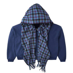 Custom Y2K turbante doppio cappuccio Plaid sciarpe di flanella Boxy Fit Zip up in bianco corti da <span class=keywords><strong>uomo</strong></span> pesanti felpe in cotone caldo con sciarpa - Product Image 3