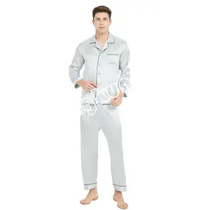 Erkekler için % 100% saf ipek pijama setleri uzun kollu