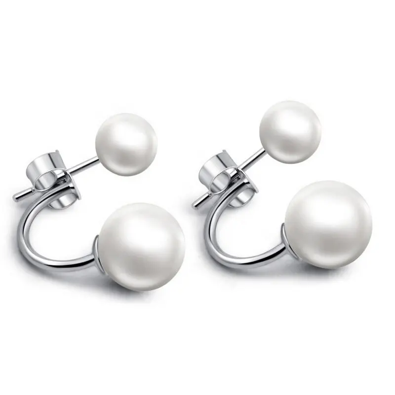 Full Custom Women earing Jewelry Double Pearl Earrings Wholesale Brass Double Ball Pearl Earrings